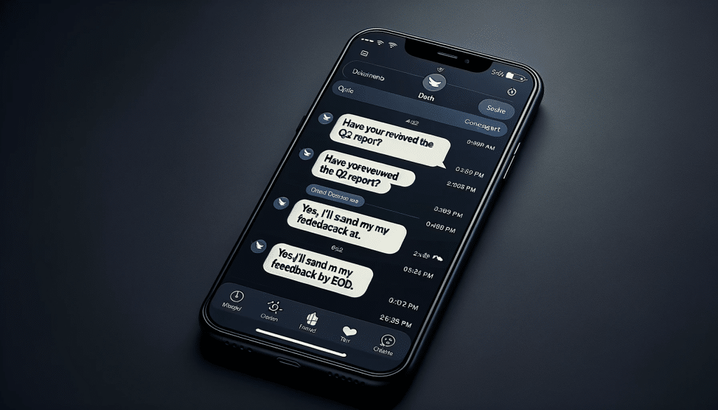 Photo of a smartphone screen displaying a business-oriented text messaging app. Photo of a smartphone screen displaying a business-oriented text messaging app.